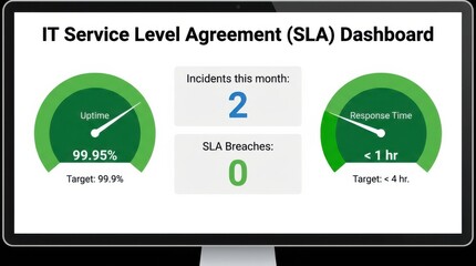 IT SLA dashboard display, showing uptime, incident tracking, and response time, graphic style, on a computer monitor, modern corporate environment.