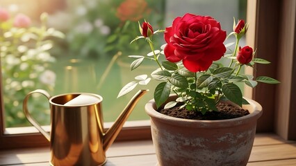 Red rose flower pot on windowsill.