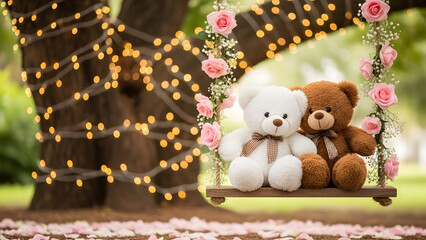 Two Teddy Bears on Floral Swing with Lights Romantic Valentine Concept