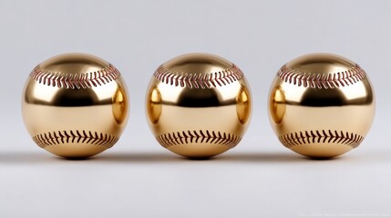 Obraz premium Three golden baseballs arranged in a row, showcasing ultra-photorealistic details, softbox studio lighting, and a clean minimal background with copy space for design purposes
