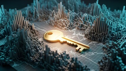 Golden key on financial data charts representing market insight and success
