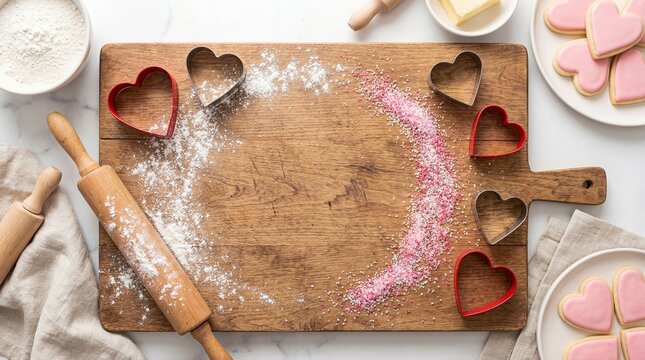 Flat Lay Baking Ingredients and Heart Cookie Cutters on Wooden Board Copy Space