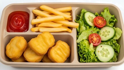 School lunch tray with chicken nuggets.