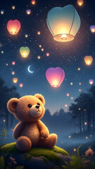 Cute Teddy Bear Watching Floating Lanterns Romantic Valentine Night Scene