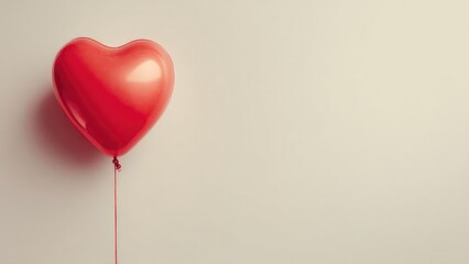 Red heart-shaped balloon with a string against a plain light background. Concept Heart-shaped balloon, Red color, Minimalist background, Balloon string, Love theme