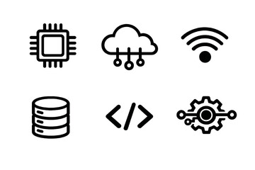 Technology basics icon set with cloud, code and network symbols. Black flat vector icons with transparent background for UI, apps and digital platforms.