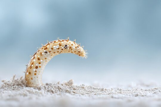 A tiny curved bristle worm with spiky hairs on a sandy beach. Concept Tiny curved bristle worm close-up, Spiky bristles detail, Intertidal sandy beach habitat, Marine invertebrate silhouette