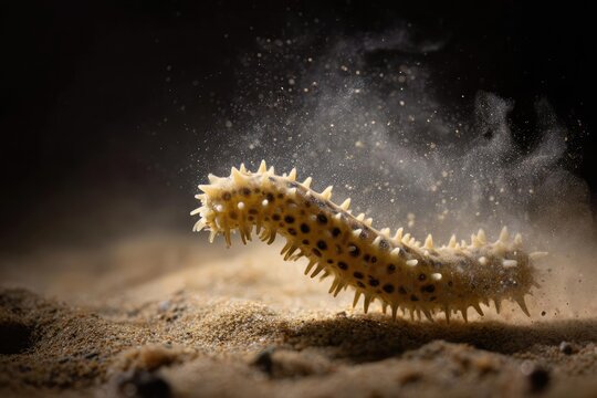 A spiny bristle worm (polychaete) moving over a sandy ocean floor. Concept Spiny bristle worm on sandy sea floor, Polychaete locomotion, Sand-dwelling invertebrate close-up