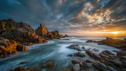 Obraz premium Ocean coast nice sunset. Spectacular sunset on the coast in golden colors with rocky cliffs.