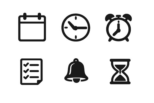 Time and calendar icon set with clock, schedule and reminder symbols. Black flat vector icons with transparent background for UI, apps and productivity tools.