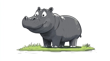 Cartoon hippo standing in grass, friendly, playful, kids, education, illustration, printable, digital art