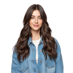 Young woman with long dark hair wearing denim jacket and smiling confidently against a neutral background