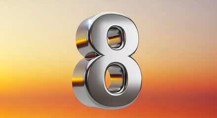 Shiny metallic number 8 floating against a warm gradient background