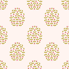 Seamless Floral Easter Egg Pattern. Flowers and green leaves, soft pastel background, decorative spring illustration for seasonal designs.