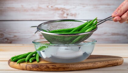 Green beans being rinsed in a colander above glass bowl of water in a kitchen; food prep, vegetable, cooking, healthy, vibrant, rustic aesthetic.