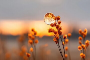 A delicate bubble perched on a dried wildflower stem at sunset, glowing with warm golden light. Concept Bubble on dried wildflower stem, sunset glow, warm golden light, delicate nature, close-up