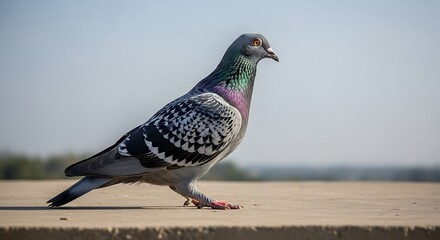 A single pigeon stands alert on a ledge against a bright, hazy sky