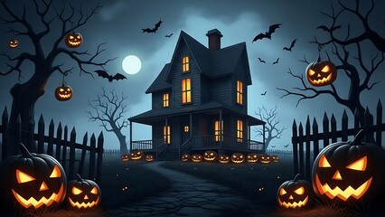 Spooky Halloween haunted house night scene.