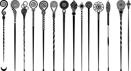 Naklejka premium Title Wand silhouette set with various mystical and magical designs