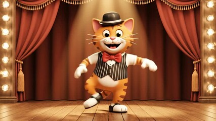 Joyful cartoon cat wearing a hat and bowtie, energetically dancing and performing on a brightly lit stage with red curtains, exuding a playful and entertaining vibe