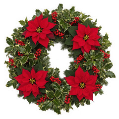 Vibrant holiday wreath with poinsettias isolated on transparent background