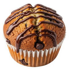 Chocolate chip muffin with chocolate drizzle isolated on transparent background