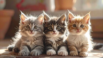 Three kittens with distinct fur patterns sitting side by side in soft natural light—cute, symmetrical, and cozy.