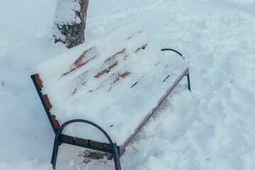 Silent Winter Park, Peaceful Winter Scene With Icy Benches And Mood Of Solitude And Introspection