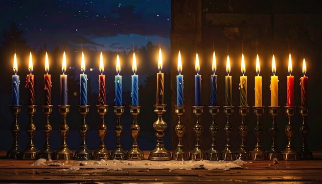 Fully lit Hanukkah menorah with colorful candles glowing against a starry night sky—symbol of tradition and celebration. - Powered by Adobe