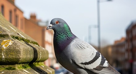 Close-up of a pigeon with iridescent neck feathers perched on a stone structure outdoors.
