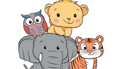 Cute cartoon animals, stacked together, happy expression, children's book illustration, educational, for kids, background is plain white, potential use in children's media, 