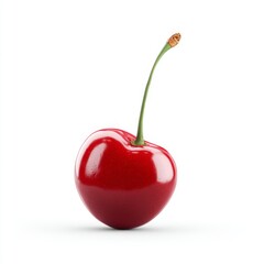 Fresh and Vibrant Single Cherry with Glossy Skin and Green Stem Isolated on White Background for Food Photography