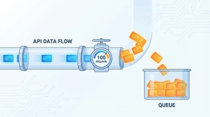 API data flowing, pipeline, data queue, isometric style, business concept, data analytics, stream, processing, information, data driven, visualization