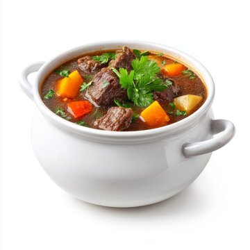 Delicious hearty beef stew with fresh vegetables in a white serving pot on a clean background