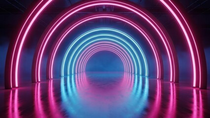 Vibrant neon arches in futuristic tunnel with pink and blue lights