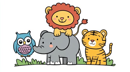 Cute cartoon animals on an elephant, playful scene, possible children's book illustration