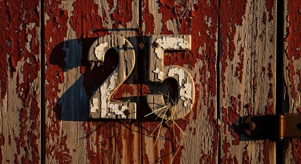 Weathered wooden door with peeling paint and large number 25 casting a shadow.