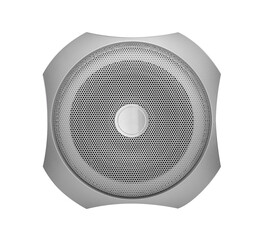 Fototapeta premium A circular silver metallic speaker with a perforated mesh grille isolated on a white background.