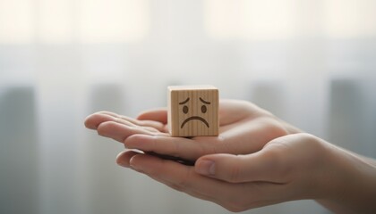 Doctor quality healthcare gives patient support care for mental health problem and mood, trust sad emotion empathy unhappy Sad patient emotion face block concern mental health care wood worry issue.