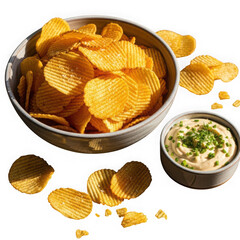 Crispy potato chips with dip isolated on transparent background