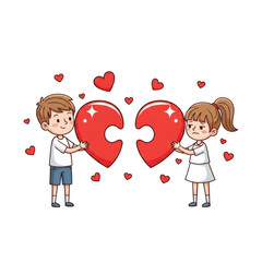 Cartoon couple holding heart shaped puzzle pieces surrounded by hearts isolated on transparent background