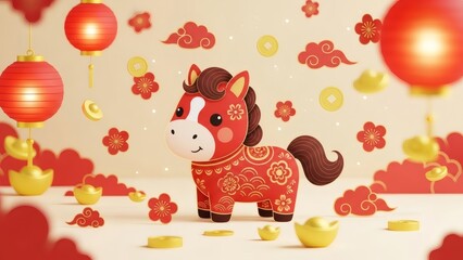 Cute Horse Character with Red Lanterns, Gold Ingots and Floral Patterns, Chinese New Year Year of the Horse Festive Illustration
