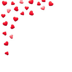 Red and pink hearts falling from top left corner on transparent background for love and valentines day concepts