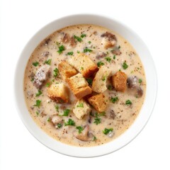 Creamy Mushroom Soup with Croutons and Fresh Parsley Garnish in a White Bowl on a Light Background