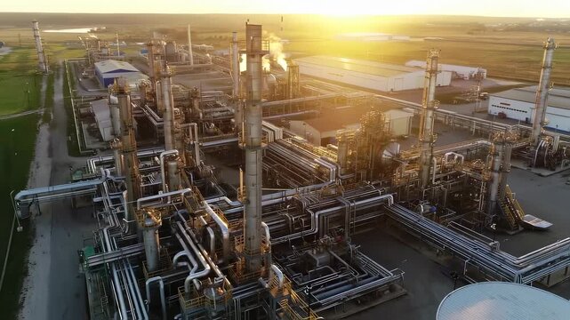 The industrial facility showcases multiple towering stacks shining under the sunset, indicating a busy production environment. This facility's intricate pipes and structures reflect advanced