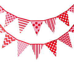 Colorful red and pink triangular pennant banner with various patterns isolated on transparent background for party decoration