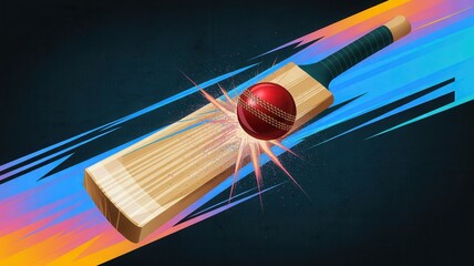 Cricket bat smashing red ball in dynamic motion with colorful streaks