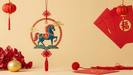 Chinese New Year Hanging Ornament with Horse Zodiac, Red Lanterns and Red Envelopes, Year of the Horse Festive Decoration