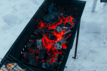 Skewers Cook On Charcoal Sequentially, Carefully Aligned Kebabs Roasting On Open Flames With Steam Rising