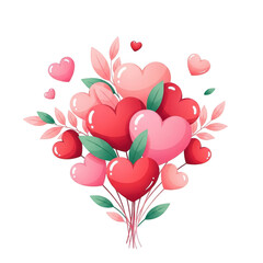 A colorful bouquet of heart shaped balloons and leaves isolated on transparent background for valentines day